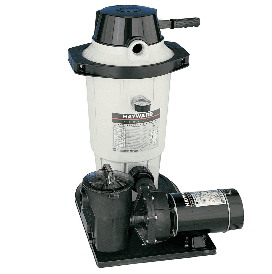 A black and white Hayward W3EC40C92S Perflex 1 HP Diatomaceous Earth Filter Pump System for Above-Ground Pools with a pump attached to it.